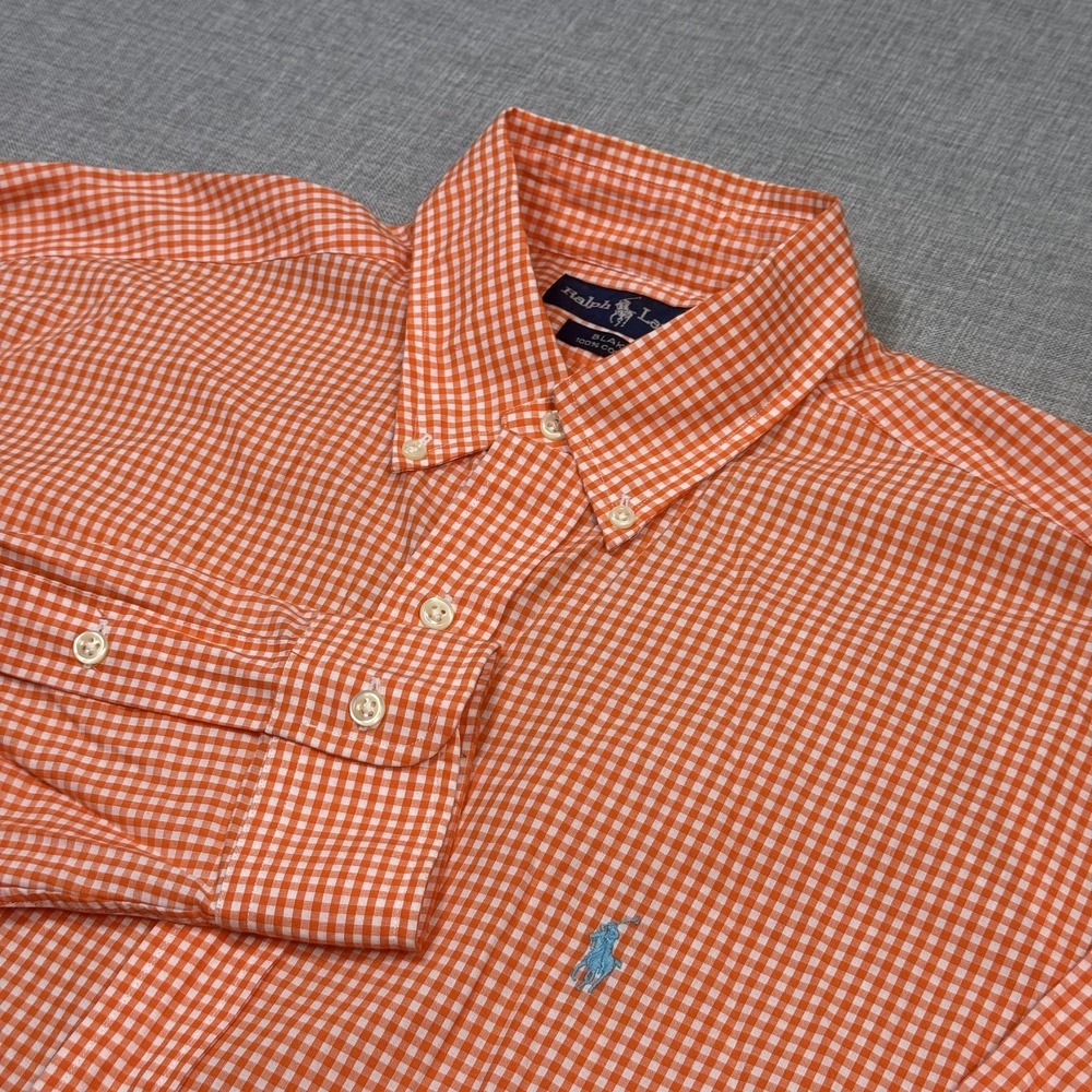 Ralph Lauren Blake Button-Down Shirt Mens M Orange Check Cotton Embroidered